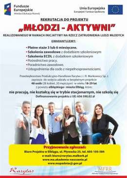 Rekrutacja na płatne staże i szkolenia zawodowe dla młodych osób (18-29) z Elbląga i Powiatu Elbląskiego.